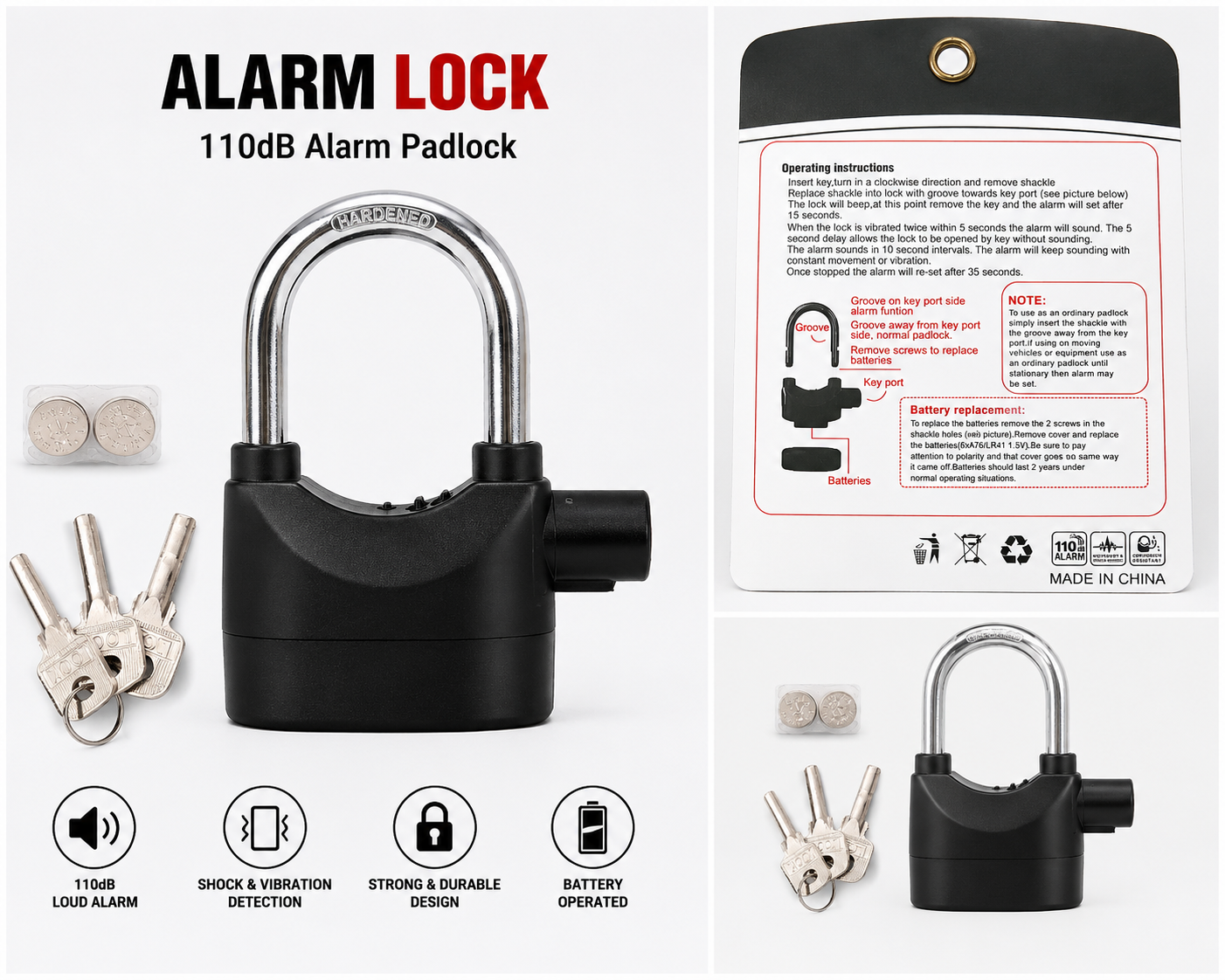 110dB Alarm Padlock – অ্যালার্ম লক | নড়াচড়া ও ভাইব্রেশন শনাক্তকারী সিকিউরিটি লক